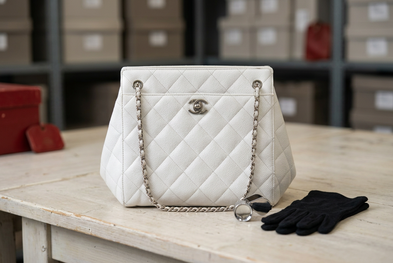 Ivory quilted Chanel tote with a jeweller’s loupe and cotton gloves
