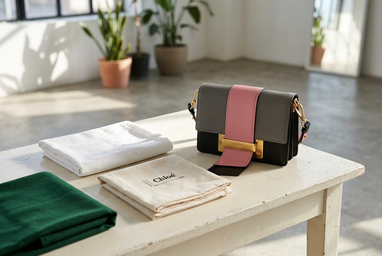 Colour-block Chloé handbag beside a folded soft cloth and dust bag