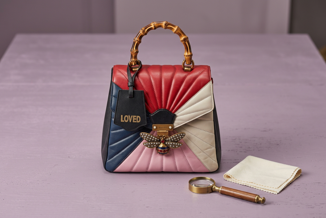 Gucci Queen Margaret bamboo-handle handbag beside a magnifying glass