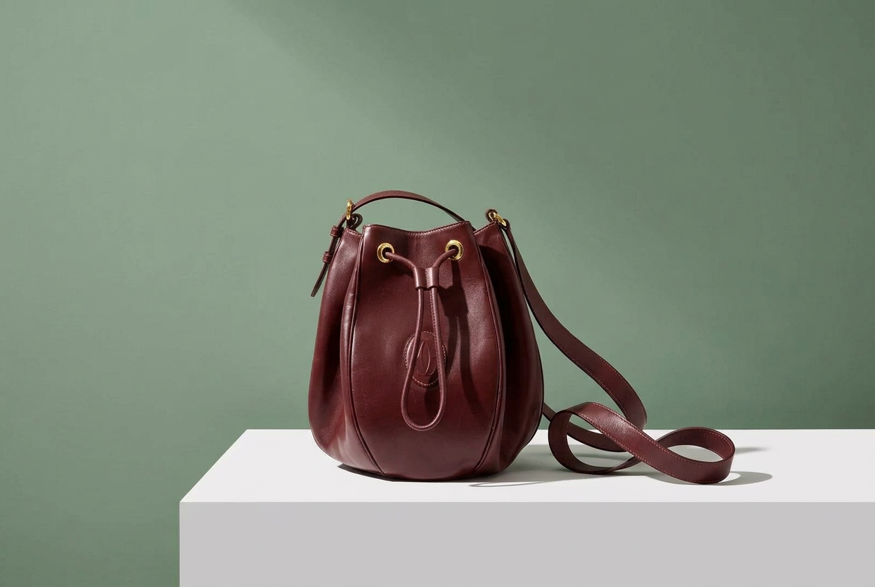 Burgundy Cartier drawstring bucket bag on a white podium against a sage wall