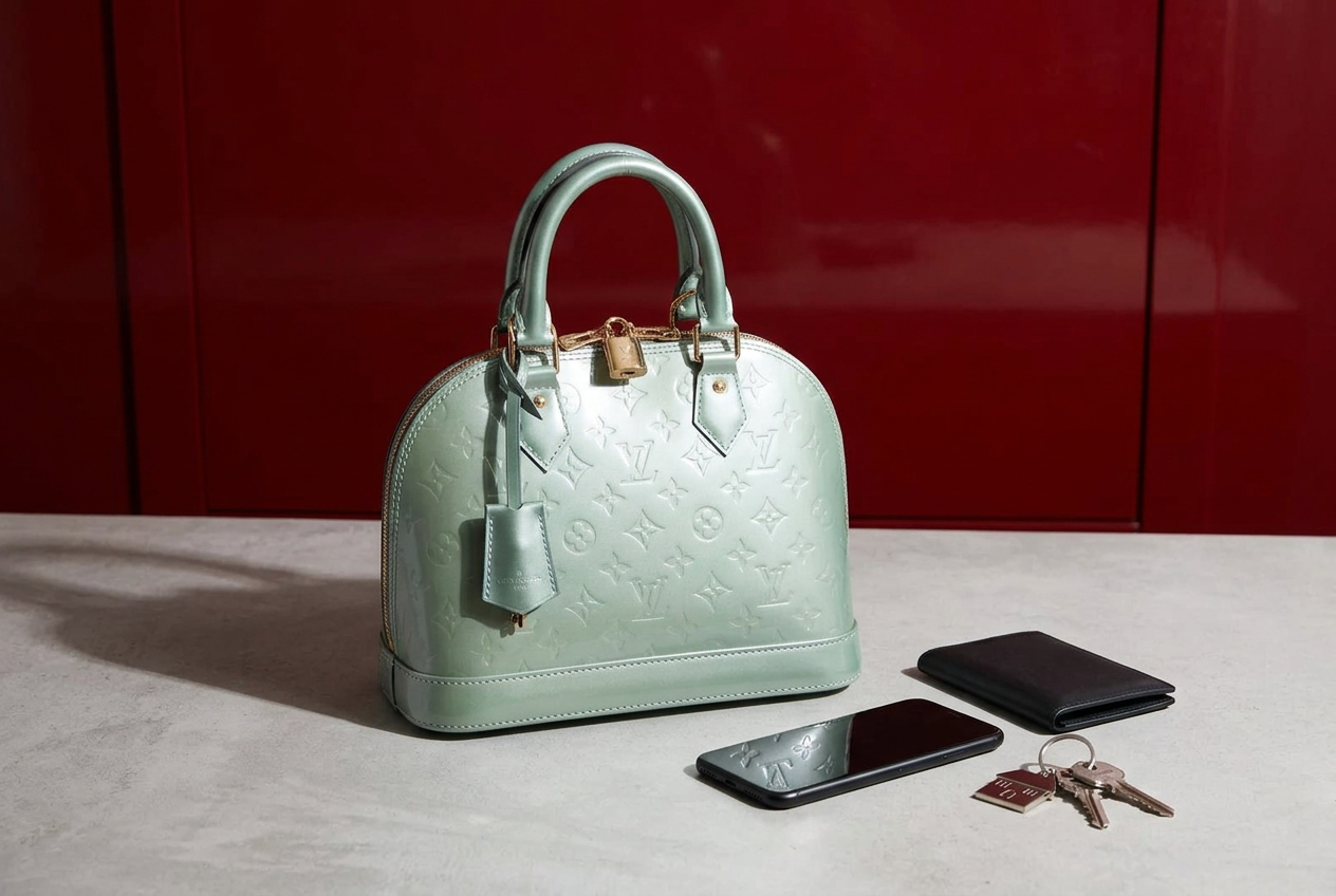 Mint Louis Vuitton Alma BB handbag with a phone, wallet and keys