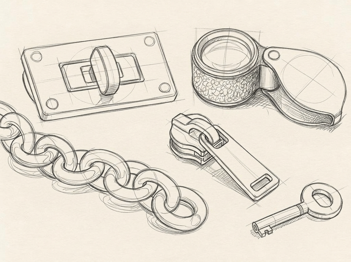 Loose pencil sketches of a turn-lock, chain links, zipper, key and jeweller's loupe