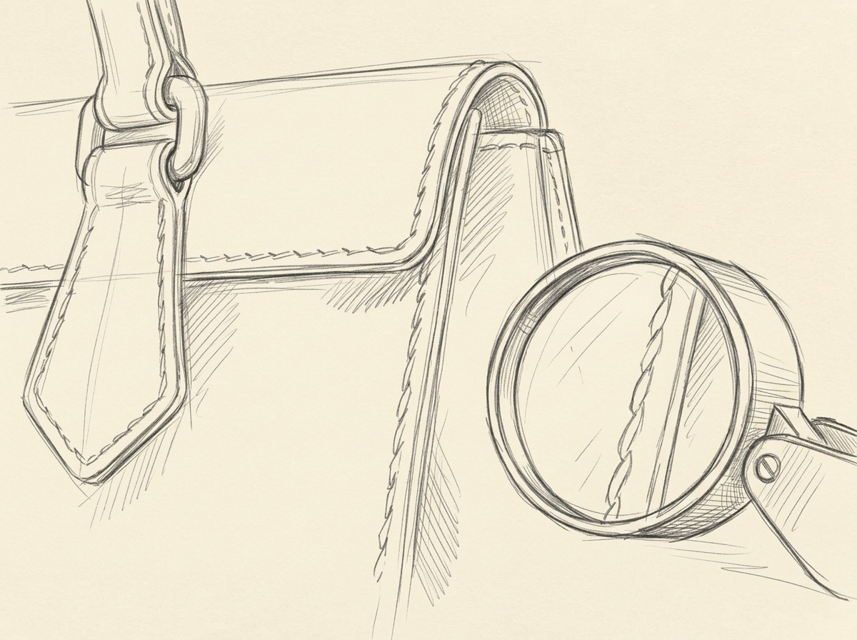 Hand-drawn pencil study of a leather seam and saddle stitching enlarged through a loupe